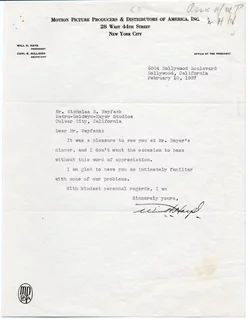 William Harrison Hays autograph