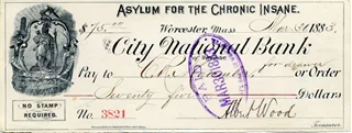1883 Insane Asylum Check autograph