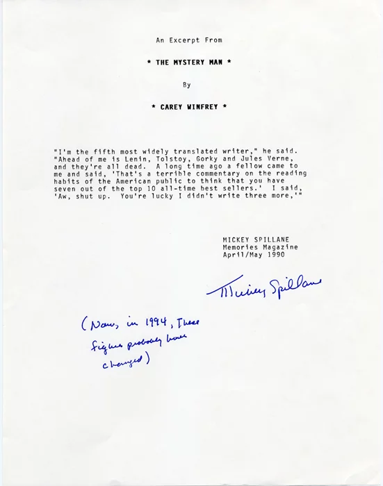 Mickey Spillane autograph