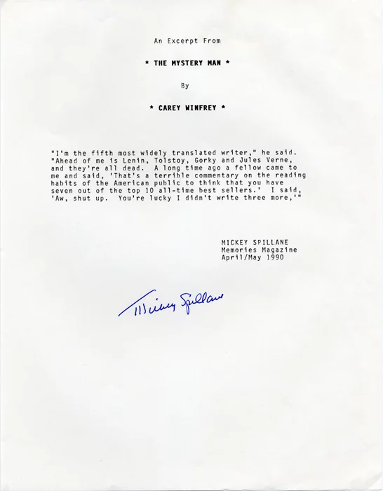 Mickey Spillane autograph