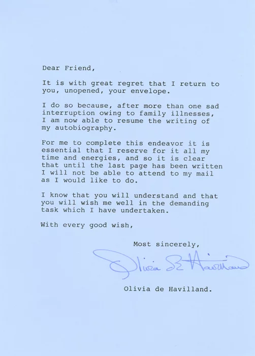 Olivia DeHavilland autograph