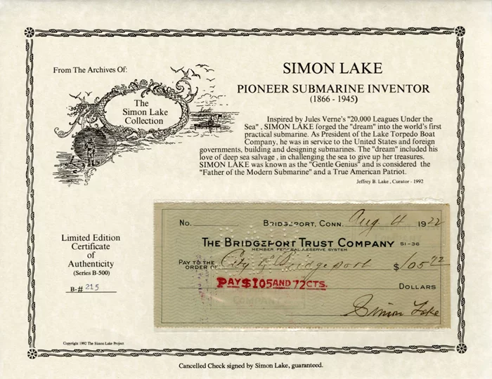 Simon Lake autograph