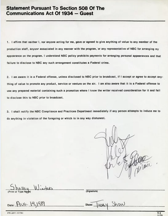 Shelley Winters autograph