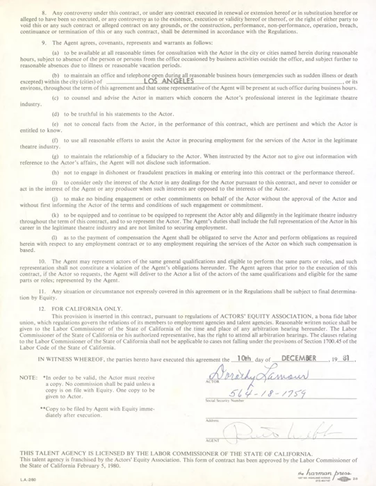 Dorothy Lamour autograph