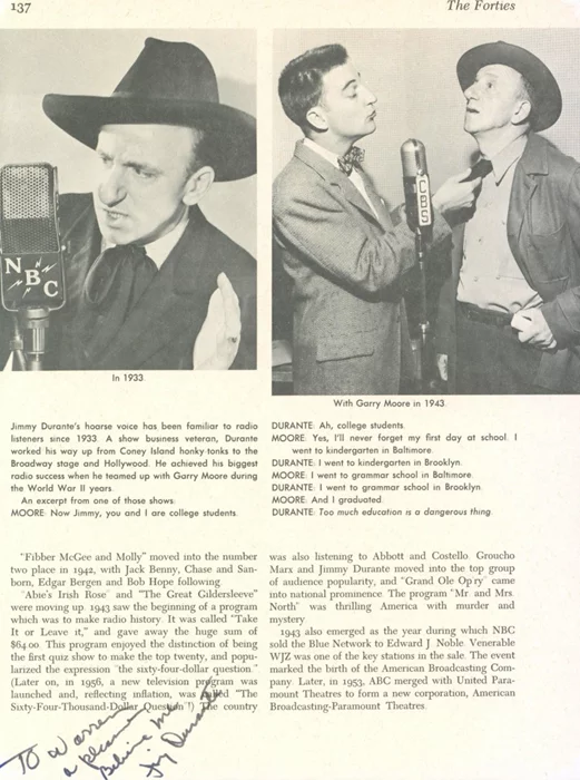 Jimmy Durante autograph